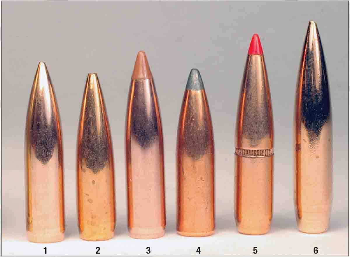 Bullets that shot well in the CZ 527 rifle include: (1) Berger 100-grain Match BT Target, (2) Norma 100-grain BTHP, (3) Nosler 120 Ballistic Tip, (4) Sierra 120 Pro-Hunter, (5) Hornady 129 SST and (6) Berger 140 BT Target.